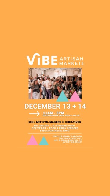 🧡 Mark your calendars for the @vibeartisanmarkets 𝗛𝗼𝗹𝗶𝗱𝗮𝘆 𝗩𝗶𝗯𝗲 𝗠𝗮𝗿𝗸𝗲𝘁 𝗔𝘂𝘀𝘁𝗶𝗻 NEXT WEEKEND! It will be local art, good vibes and community all weekend long!

🗓️ 𝗗𝗲𝗰𝗲𝗺𝗯𝗲𝗿 𝟭𝟯-𝟭𝟰 | 𝟭𝟭𝗔𝗠 - 𝟱𝗣𝗠
📍 @distributionhall 

𝟭𝟭𝟬 𝗔𝗿𝘁𝗶𝘀𝗮𝗻𝘀 & 𝗠𝗮𝗸𝗲𝗿𝘀: Discover unique, handcrafted arts from local talents.

𝗖𝗼𝗺𝗽𝗹𝗶𝗺𝗲𝗻𝘁𝗮𝗿𝘆 𝗖𝗼𝗰𝗸𝘁𝗮𝗶𝗹𝘀: Enjoy free drinks courtesy of @drippingspringsvodka, @smartwater & @cocacola.

𝗔𝗿𝘁 𝗚𝗮𝗹𝗹𝗲𝗿𝘆: Explore and purchase exceptional pieces from our curated selection.

𝗗𝗲𝗹𝗶𝗰𝗶𝗼𝘂𝘀 𝗙𝗼𝗼𝗱: Savor delights from globally inspired guest chefs.

𝗟𝗶𝘃𝗲 𝗠𝘂𝘀𝗶𝗰: Groove to vinyl jams from @smylz4mylz

𝗖𝗼𝗳𝗳𝗲𝗲 𝗟𝗼𝘃𝗲𝗿𝘀: Visit our Coffee bar @bluebonnetcoffee inside for your favorite coffee creations.

𝗙𝗮𝗺𝗶𝗹𝘆 & 𝗣𝗲𝘁 𝗙𝗿𝗶𝗲𝗻𝗱𝗹𝘆: Bring the whole family, including well-behaved pets!

𝗙𝗿𝗲𝗲 𝗘𝗻𝘁𝗿𝘆 & 𝗣𝗮𝗿𝗸𝗶𝗻𝗴: Enjoy a cost-free experience plus free street parking around.

𝗘𝘅𝗰𝗹𝘂𝘀𝗶𝘃𝗲 𝗦𝘄𝗮𝗴 𝗕𝗮𝗴𝘀: Be among the first 25 guests each day to receive a free Vibe Swag Bag filled with artist goodies.

For more details, visit our website! 💻