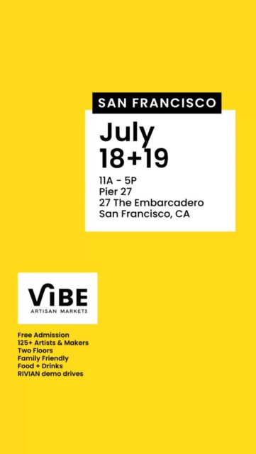 🌀 𝗦𝗮𝗻 𝗙𝗿𝗮𝗻𝗰𝗶𝘀𝗰𝗼 𝗦𝘂𝗺𝗺𝗲𝗿 𝗩𝗶𝗯𝗲 𝗔𝗿𝘁 𝗙𝗮𝗶𝗿 July 18 + 19 at a pier 27!
𝗳𝗿𝗲𝗲 𝗮𝗱𝗺𝗶𝘀𝘀𝗶𝗼𝗻 • 𝗶𝗻𝗱𝗼𝗼𝗿𝘀 • 𝗶𝗰𝗼𝗻𝗶𝗰 𝗯𝗮𝘆 𝘃𝗶𝗲𝘄𝘀
•𝟭𝟮𝟱+ artists, creatives & makers each day
•𝗗𝗝 @andresmnunez spinning vinyl
•𝗖𝗼𝗰𝗸𝘁𝗮𝗶𝗹 bars by @uncletimscocktails
•𝗖𝗵𝗲𝗳 food zone featuring @lacocinasf & @koreanpapiskitchen
•𝗖𝗼𝗳𝗳𝗲𝗲 bar @royalsmocha
•𝗜𝗺𝗺𝗲𝗿𝘀𝗶𝘃𝗲 art gallery
🛍️ 𝗦𝘄𝗮𝗴 𝗕𝗮𝗴𝘀 to the first 25 people through the door each day!
🚙 @rivianofficial Demo Drives!
𝗦𝗮𝗻 𝗙𝗿𝗮𝗻𝗰𝗶𝘀𝗰𝗼 𝗦𝘂𝗺𝗺𝗲𝗿 𝗩𝗶𝗯𝗲 𝗔𝗿𝘁 𝗙𝗮𝗶𝗿
🌀Pier 27 (2 floors of art)
🌀July 18 + 19 | 11a-5p
27 The Embarcadero | San Francisco, CA