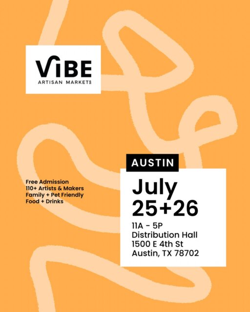 🧡 Mark your calendars for the @vibeartisanmarkets 𝗔𝘂𝘀𝘁𝗶𝗻 𝗦𝘂𝗺𝗺𝗲𝗿 𝗩𝗶𝗯𝗲! It will be local art, good vibes and community all weekend long!

🗓️ 𝗝𝘂𝗹𝘆 𝟮𝟱-𝟮𝟲 | 𝟭𝟭𝗔𝗠 - 𝟱𝗣𝗠
📍 @distributionhall 

𝟭𝟭𝟬 𝗔𝗿𝘁𝗶𝘀𝗮𝗻𝘀 & 𝗠𝗮𝗸𝗲𝗿𝘀: Discover unique, handcrafted arts from local talents.

𝗖𝗼𝗺𝗽𝗹𝗶𝗺𝗲𝗻𝘁𝗮𝗿𝘆 𝗖𝗼𝗰𝗸𝘁𝗮𝗶𝗹𝘀: Enjoy delicious cocktails courtesy of @peakbev and free @topochicousa

𝗔𝗿𝘁 𝗚𝗮𝗹𝗹𝗲𝗿𝘆: Explore and purchase exceptional pieces from our curated selection.

𝗗𝗲𝗹𝗶𝗰𝗶𝗼𝘂𝘀 𝗙𝗼𝗼𝗱: Savor delights from globally inspired guest chefs.

𝗟𝗶𝘃𝗲 𝗠𝘂𝘀𝗶𝗰: Groove to vinyl jams from @smylz4mylz

𝗖𝗼𝗳𝗳𝗲𝗲 𝗟𝗼𝘃𝗲𝗿𝘀: Visit our Coffee bar @sloburn.atx inside for your favorite coffee and matcha creations.

𝗙𝘂𝗻 𝗔𝗰𝘁𝗶𝘃𝗮𝘁𝗶𝗼𝗻𝘀: Visit the @ridealso to experience a NEW kind of electric bike and test it out in person!

𝗙𝗮𝗺𝗶𝗹𝘆 & 𝗣𝗲𝘁 𝗙𝗿𝗶𝗲𝗻𝗱𝗹𝘆: Bring the whole family, including well-behaved pets!

𝗙𝗿𝗲𝗲 𝗘𝗻𝘁𝗿𝘆 & 𝗣𝗮𝗿𝗸𝗶𝗻𝗴: Enjoy a cost-free experience plus free street parking around.

𝗘𝘅𝗰𝗹𝘂𝘀𝗶𝘃𝗲 𝗦𝘄𝗮𝗴 𝗕𝗮𝗴𝘀: Be among the first 25 guests each day to receive a free Vibe Swag Bag filled with artist goodies.

For more details, visit our website! 💻